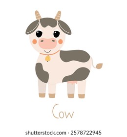 Little cow isolated on a white background for children's book and illustrations. Cute cow vector illustration.  