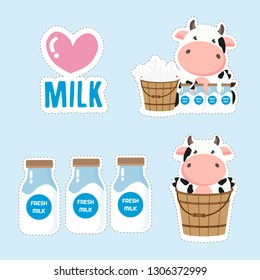 Little Cow and milk cartoon.Cute Sticker design.