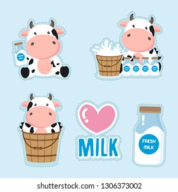 Little Cow and milk cartoon.Cute Sticker design.