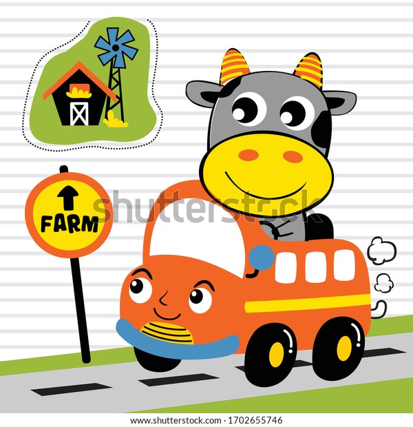 little cow on the bus funny animal\
cartoon,vector\
illustration