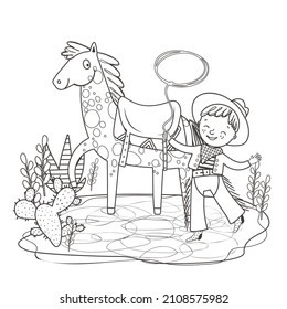 Little cowboy with lasso, horse and cacti. Coloring page or coloring book. Cartoon vector illustration.