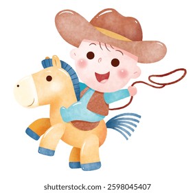 Little Cowboy Riding a Toy Horse. This cute illustration shows a young child dressed as a cowboy riding a toy horse.