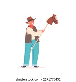 Little Cowboy With Toy Horse On Stick. Kid Wear Traditional Wild West Costume Jeans, Vest And Hat. Boy Character Western Personage Isolated On White Background. Cartoon People Vector Illustration