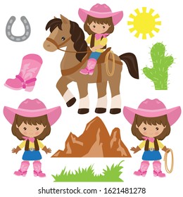 Little cowgirl riding a horse vector cartoon illustration