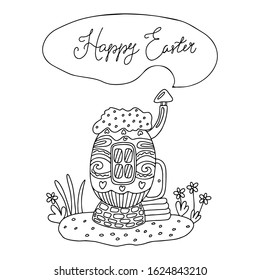 A little cozy egg house in doodle style. Hand drawn vector illustration isolated on white background. Great for Easter greeting cards, posters, coloring books. Happy Easter lettering.