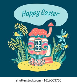A little cozy egg house surrounded by grass and  flowers. There are    narcissus and mimosa. Hand drawn vector illustration isolated on navy blue background. Great for Easter greeting cards and poster