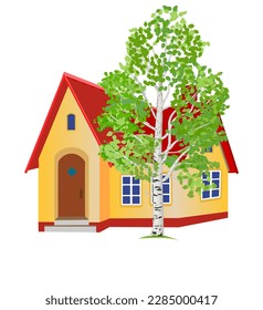 Little cozy house with a beautiful birch tree at the windows. Vector illustration isolated on white background.