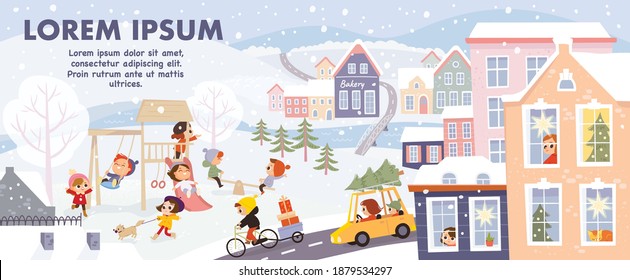 Little cozy town. Panoramic. Winter season, snowfall, cold outside. Town windows on Christmas. Children look out the window and play outdoors. Christmas vector illustration of a winter landscape.