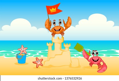 Little crabs playing on the sand. Crab kids build a sand castle and flag raising. 