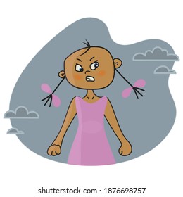 Little crazy girl is very angry, clenched fists. Child's emotions. Vector illustration.