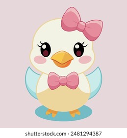 Un pequeño pato color crema se alza con una linda sonrisa, despliega sus alas, grandes ojos brillantes, y tiene un arco rosa en su cabeza y pecho. Muy lindo, sobre un fondo rosa claro.