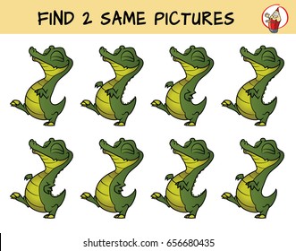 Little crocodile. Find two same pictures. Educational matching game for children. Cartoon vector illustration