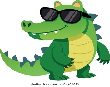Little crocodile using black sunglasses vector illustration in white background.