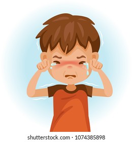 little crying boy. Children's mood on sad regret. kid facial sad. Tears and shivering shoulders. Vector illustrations isolated on white background.