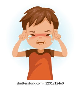 little crying boy. Children's mood on sad regret. kid facial sad. Tears and shivering shoulders. Vector illustrations isolated on white background.