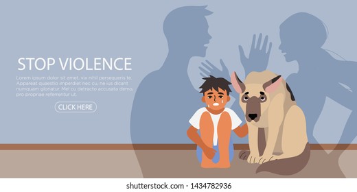 Little crying frightened child is watching his parents shouting and quarrelling. Violence in a family concept banner flyer or landing page.Angry parents. Wrong education, psychological trauma.