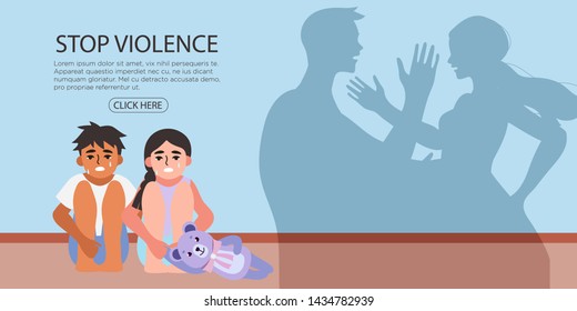 Little crying frightened children are watching their parents shouting and quarrelling. Violence in a family concept banner flyer or landing page.Angry parents. Wrong education, psychological trauma.