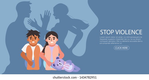 Little crying frightened children are watching their parents shouting and quarrelling. Violence in a family concept banner flyer or landing page.Angry parents. Wrong education, psychological trauma.