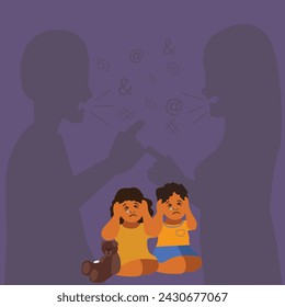 Little crying frightened children are watching their parents shouting and quarrelling. Violence in a family concept banner flyer or landing page.Angry parents. Wrong education, psychological trauma.
