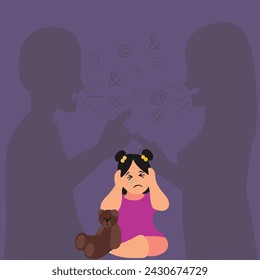 Little crying frightened girl watching her parents shouting and quarrelling. Violence in a family concept banner flyer or landing page.Angry parents. Wrong education, psychological trauma.
