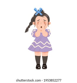 Little Crying Girl Covering Her Face with Her Hands Afraid of Something Vector Illustration