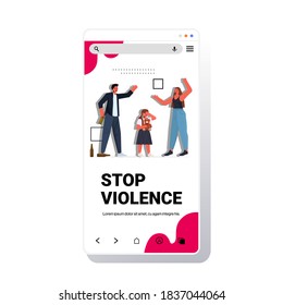 little crying girl listening parents shouting and quarrelling violence in family concept smartphone screen full length copy space vector illustration