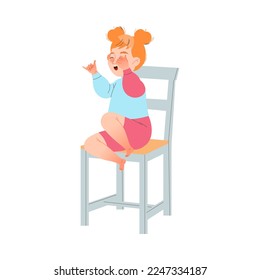 Little Crying Redhead Girl Sitting on Chair Wiping Tears from Face Vector Illustration