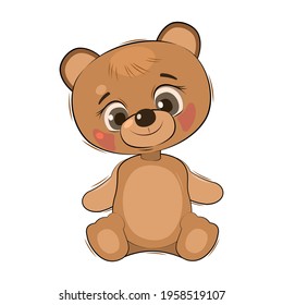 Little cub bear. Teddy. Isolated object on a white background. Cheerful kind animal child. Cartoons flat style. Funny. Vector