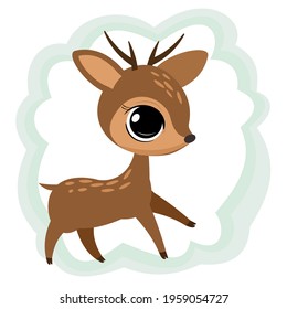 Little cub of a fawn with horns. Isolated object on a white background. Cheerful kind animal child. Cartoons flat style. Funny. Vector