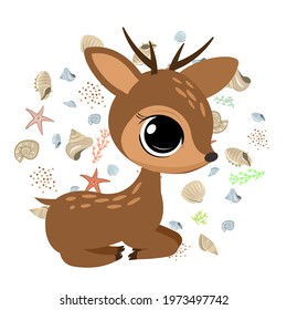 Little cub of a fawn with horns. Isolated object on a white background. Cheerful kind animal child. Cartoons flat style. Funny. Vector