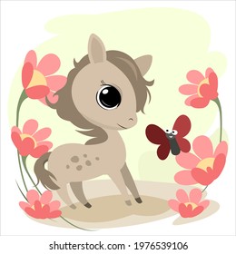 Little cub foal. . Cheerful kind animal child. Cartoons flat style. Funny. Vector