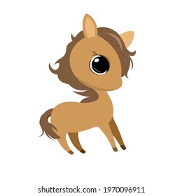 Little cub foal. Horse. Isolated object on a white background. Cheerful kind animal child. Cartoons flat style. Funny. Vector