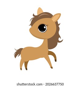 Little cub foal. Horse. Isolated object on a white background. Cheerful kind animal child. Cartoons flat style. Funny. Vector