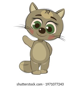 Little cub kitten. Cat. Isolated object on a white background. Cheerful kind animal child. Cartoons flat style. Funny. Vector