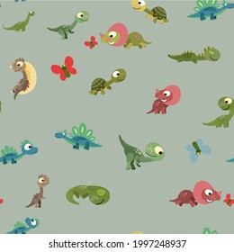 Little cubs dinosaurs. Pretty. Seamless background illustration. Cheerful kind animal baby dino. Cartoons flat style. Prehistoric reptile. Funny. vector