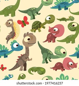 Little cubs dinosaurs. Seamless background illustration. Cheerful kind animal baby dino. Cartoons flat style. Prehistoric reptile. Funny. vector