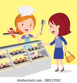 Little cupcake bakeshop. Vector illustration of a pretty pastry chef and customer in the confectionery shop.