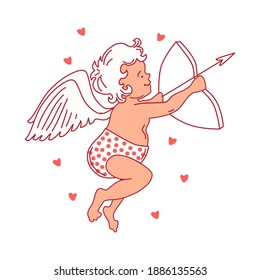 The little Cupid is aiming at someone. Illustration of Valentine's Day. Hearts. Vector illustration on an isolated background.