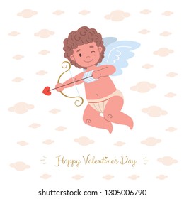 Little cupid angel character shooting or aiming arrow of love and flying in clouds.  Flat card illustration with text Happy Valentine's Day.