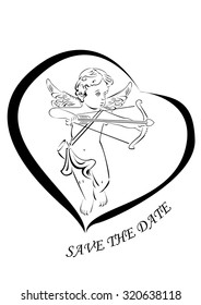 Little cupid with bow and arrow framed in heart silhouette. Cupid with beautiful curvy hair and two little wings. He aimed and ready to shoot with heart-shaped tip arrow