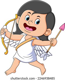 The little cupid girl is holding the bow and love arrow of illustration