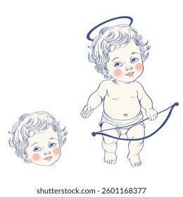 Little cupid line art, love angel, valentines, hand drown line art.