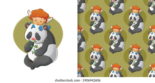 The little cupid is playing on the panda's head who eating the leaves in the pattern set of illustration