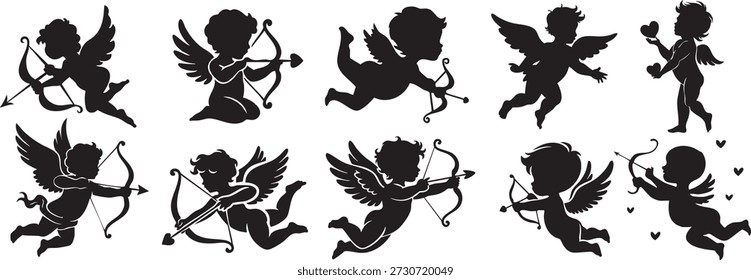 Pequeno cupido silhueta vetor coleção com anjos voadores, arcos e corações. Estilo de recorte preto romântico perfeito para o Dia dos Namorados, casamentos, marca do amor, cartões, adesivos e desenhos decorativos.
