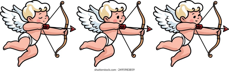 Pequeño Cupido con alas apunta desde un arco