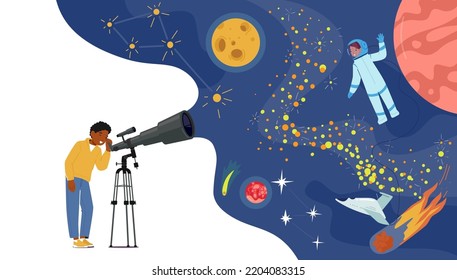 Kleiner neugieriger Junge, der in Teleskop sucht, Astronomie studiert, Sternenplaneten auf dem Mond, Himmelskörper mit Milchstraße, Shuttle und Astronautenwissenschaft, Weltraumbeobachtung. Cartoon-Vektorgrafik