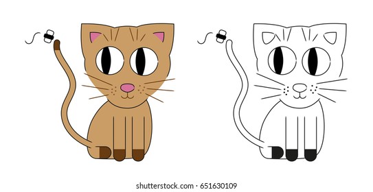 Little curious kitten with a bug on his tail - vector illustration