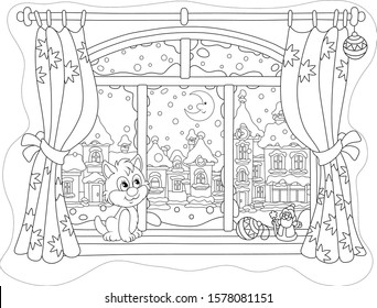 Little curious kitten sitting on a windowsill, looking through a window at the bright moon over a beautiful snow-covered town on a frosty winter night, black and white vector cartoon illustration
