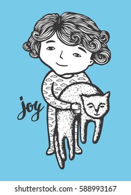 Little curly boy in pajamas with clouds holds on hands cat. Cute baby with a pet. Hand drawn illustration of kid. Vector Illustration - stock vector.