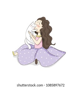 A little curly girl in a gorgeous dress with a petticoat skirt hugs a white cat. Love to the animals. Good deeds.